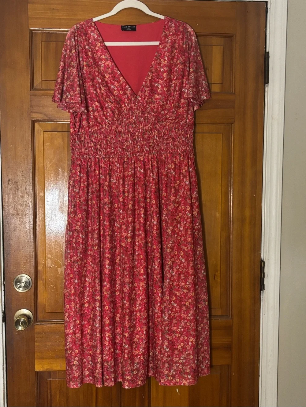 Lane Bryant Red Floral Smocked V-Neck Midi Dress